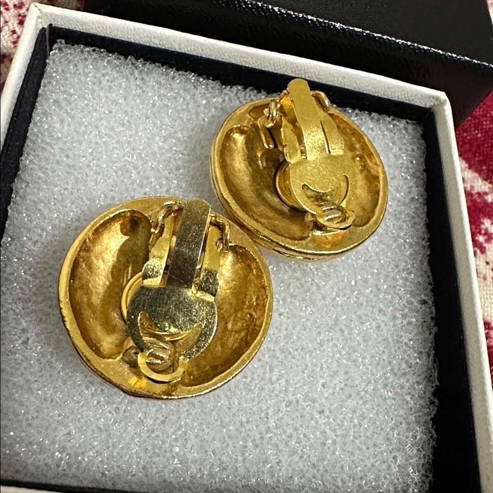 Chanel Gold-Tone Interlocking CC Button Earrings - Picture 5 of 10